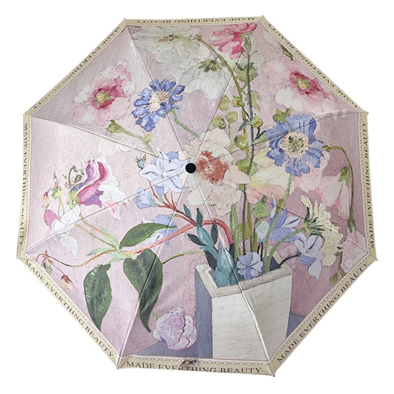 Vintage oil painting three-fold automatic vinyl sunshade sun umbrella sunscreen UV protection five-fold umbrella advertising customization