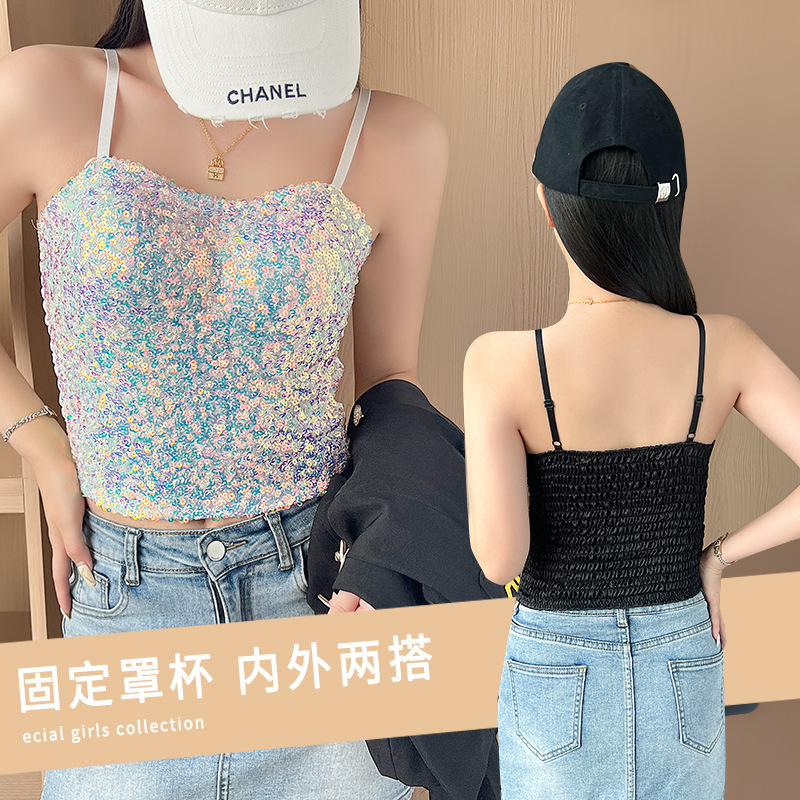 Picture of Foreign Trade Explosions Hot Girl Camisole Women's European and American Style Color Sequins Slim-fit Slimming Chest Camisole Vest Top
