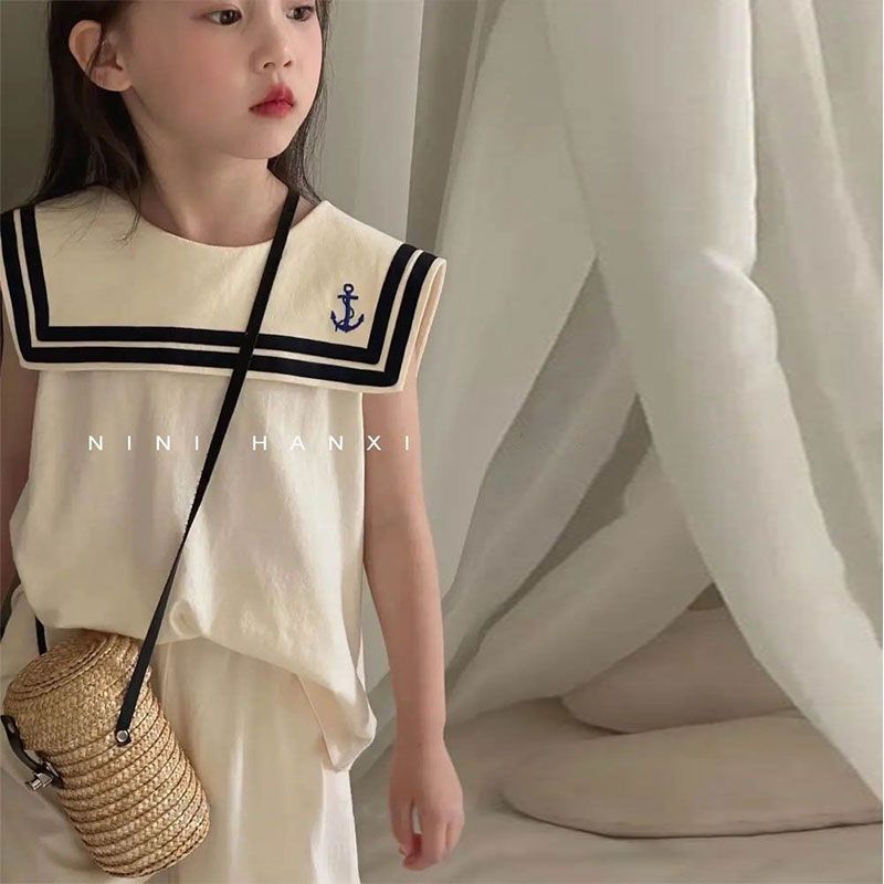 Girls Korean Style Navy Collar Kidsren's Style Sleeveless Summer 2025 New Suit Summer Wide Leg Pants Two-Piece Set