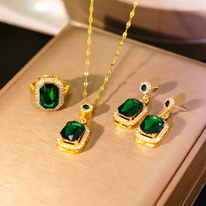 Picture of Emerald Pendant Necklace Women's All-match High-end Jewelry suit Women's Three-piece Set Earrings Ring Jewelry