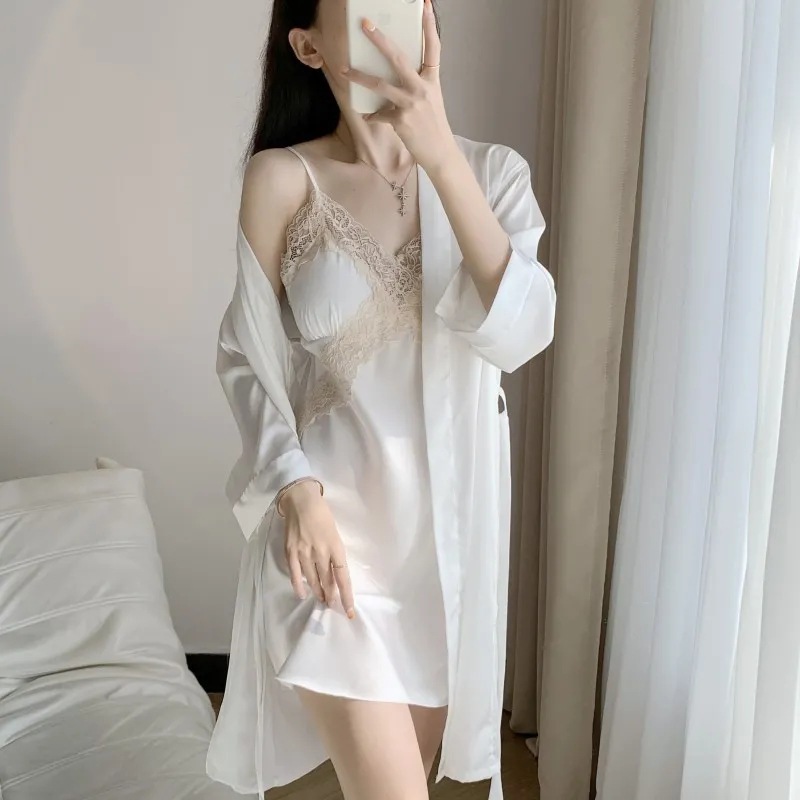 Picture of Spring and Summer Women's Pajamas, Ice Silk Thin Five-Piece Set, Sexy Camisole Nightdress, Large Size Loose Nightgown with Chest Pad, Loungewear