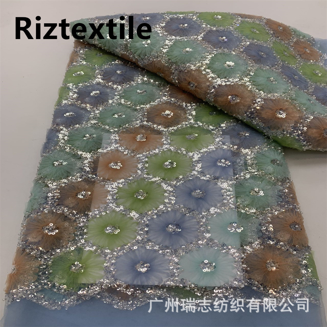 Picture of New Arrival Flower Dress dress Fabric Fashion Hexagon Sequins Bead Tube Embroidery Gorgeous Wedding Dress Mesh Embroidered Fabric