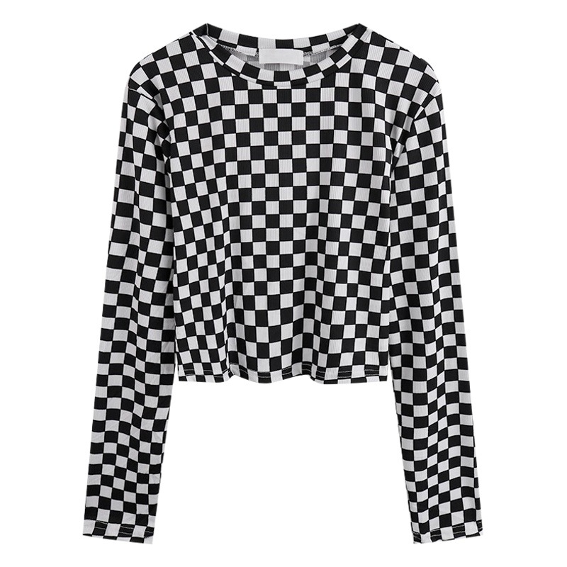 Double grinding milk silk chessboard plaid T-shirt women's Korean-style spring and autumn slimming inner half turtleneck long sleeve pullover bottoming shirt