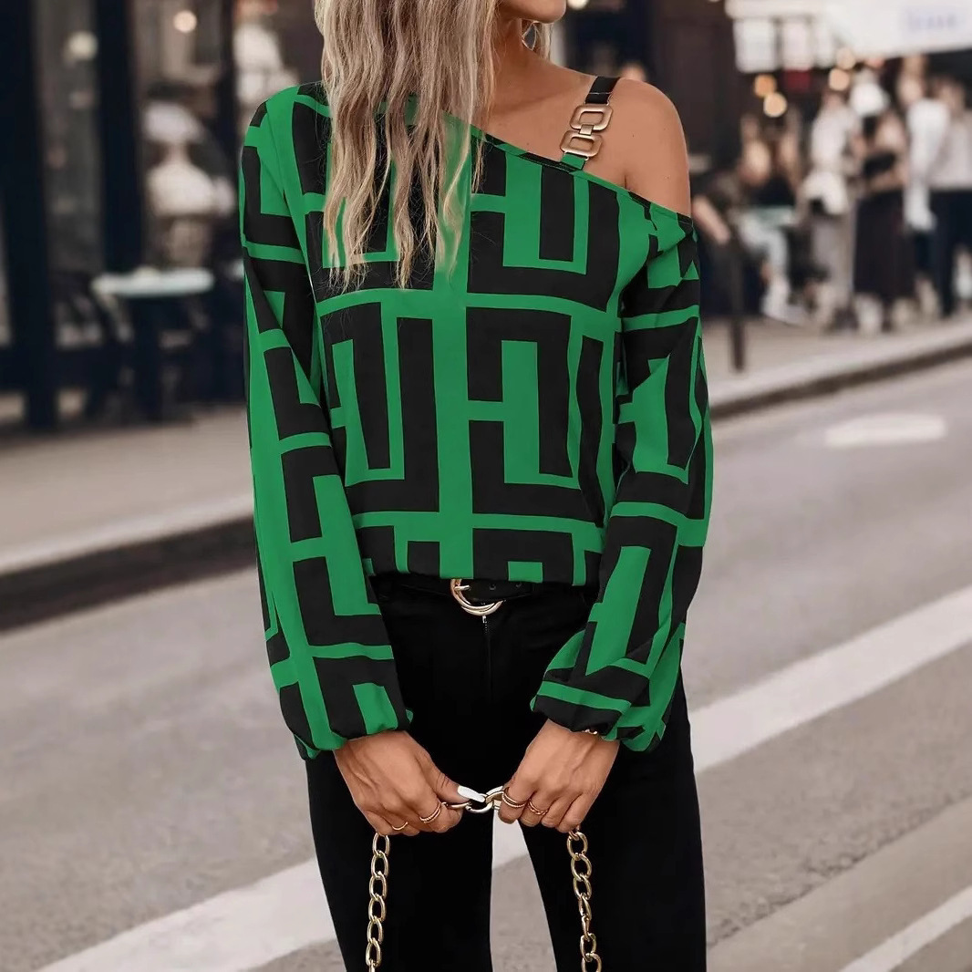 Picture of Cross-border Foreign Trade European and American Women's Clothing Amazon Spring and Autumn Fashion Geometric Printing All-match Long Sleeve One-word Collar Pullover Top