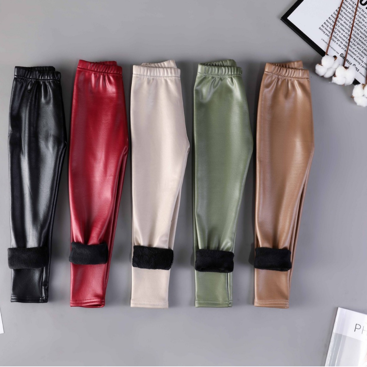 Picture of Children's Imitation Leather Pants, Girls' Candy-Colored Autumn and Winter Velvet Thickeneded Leggings, Warm Pants, Baby Girl's All-In-One Pants