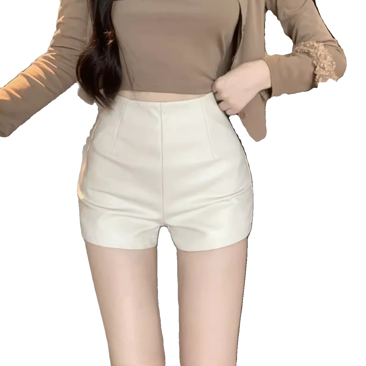 Picture of 2023 Fall/Winter plus size chubby girl Wide-legging Pants Women's High Waist Slim PU Leather Shorts Small Casual Base Boots Trendy