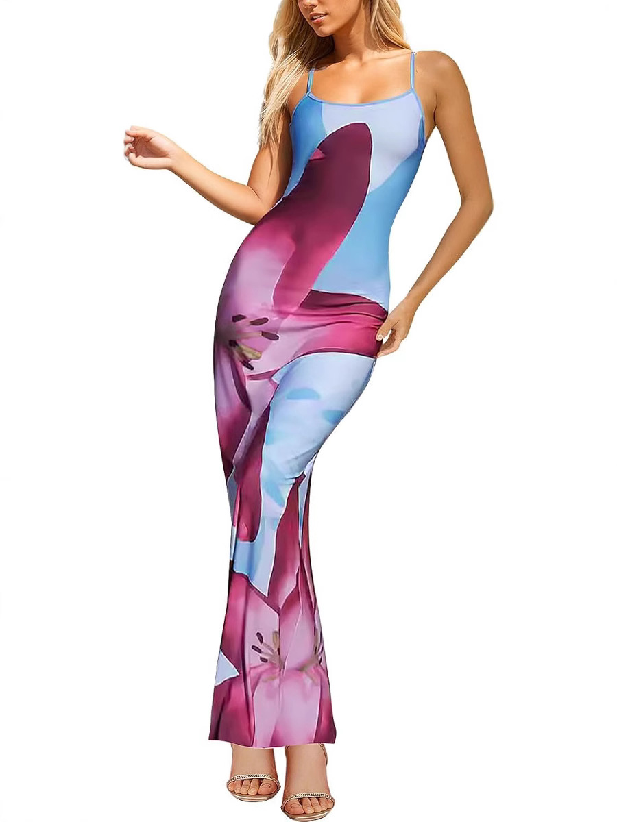 Picture of Autumn 2025 New Elegant Temperament Tight Low-cut Contrast Color Rose Print Design One Step Sling dress