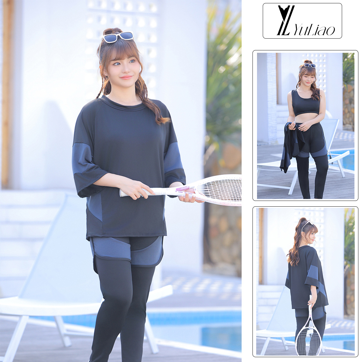 New Sports Split Large Size Swimsuit Women's Three-Piece Fat Sun Protection Surfing and Snorkeling Mid-Length Sleeves Large Size Rafting Swimming