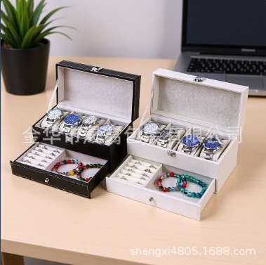 In-Stock Wholesale Carbon Fiber Pu Leather 4-Slot Double-Layer Watch Jewelry Storage Box with Drawer for Watch Collection
