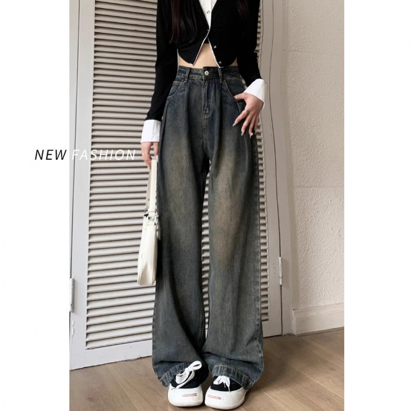 American Retro Pleated Wide-Leg Jeans for Women in Autumn and Winter New High-Waisted Slimming Look and Drapedy Harajuku Loose Straight Pants