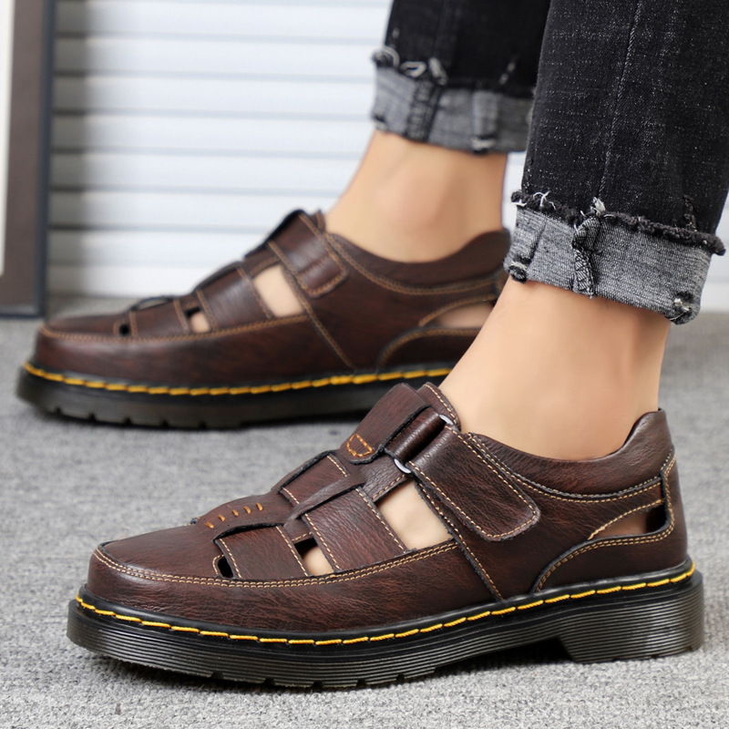 Summer 2023 foreign trade popular genuine leather men's tooling platform casual sandals closed toe Velcro plus size men's shoes