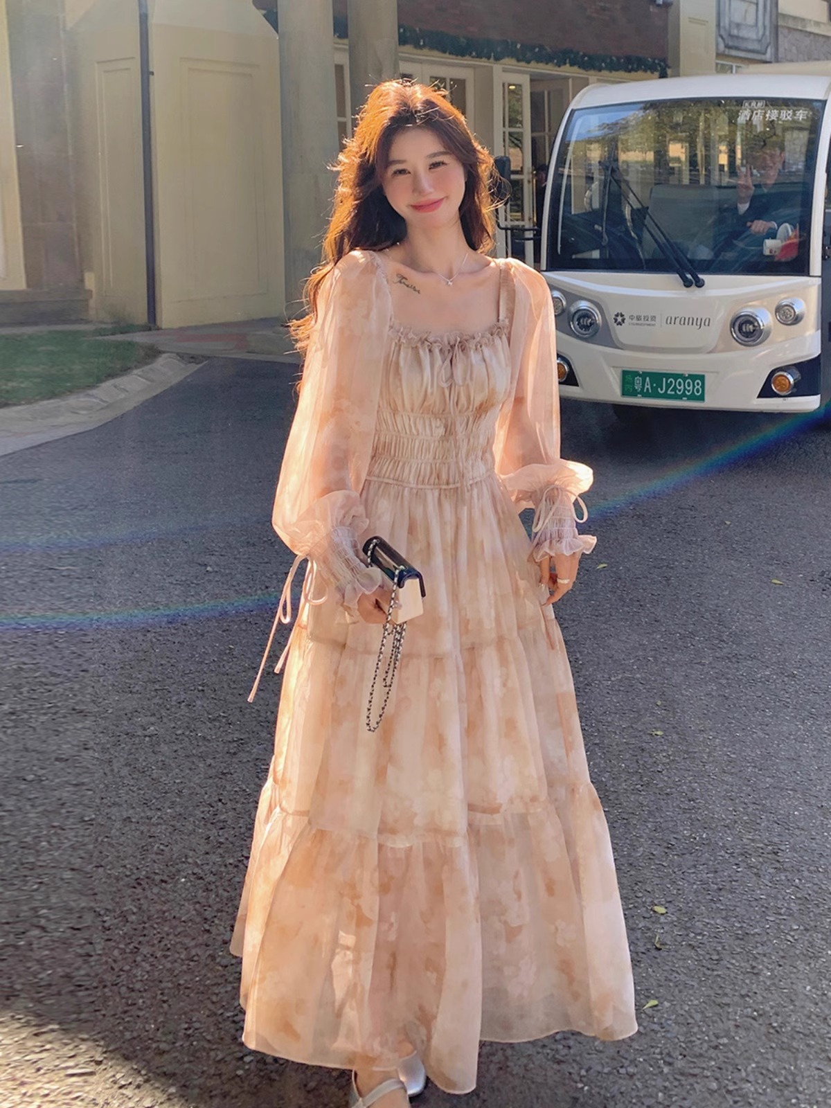 French Print Vacation dress Women's 2025 Spring and Autumn New Gentle Elegant Slimming Beautiful Fairy Midi Dress