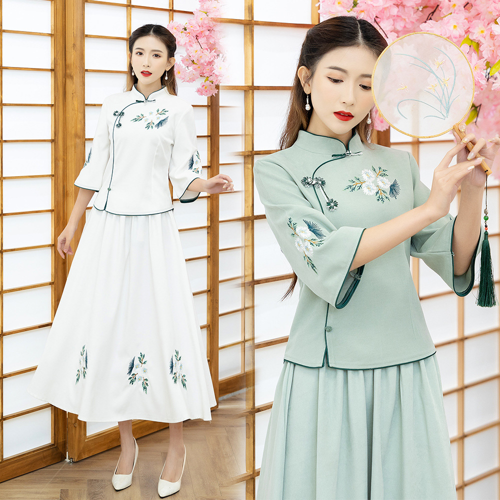 Strict Selection of Retro National Style Daily Improved Tang Suit Cheongsam Cotton and Linen Embroidered Top Chinese Style Seven-point Sleeve Tea Dress Skirt