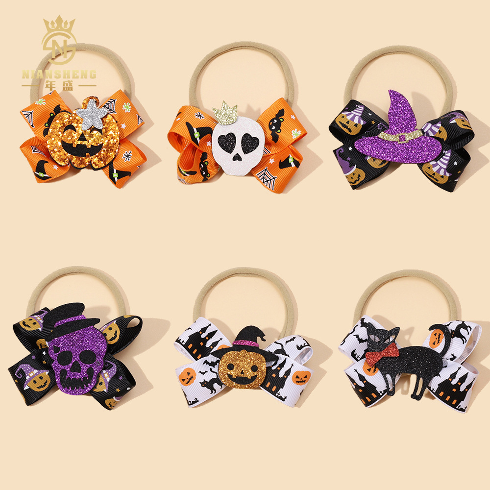 Picture of European and American New Children's Hair Band Halloween Hat Witch Pumpkin Skull Print Bow Baby Hair Accessories
