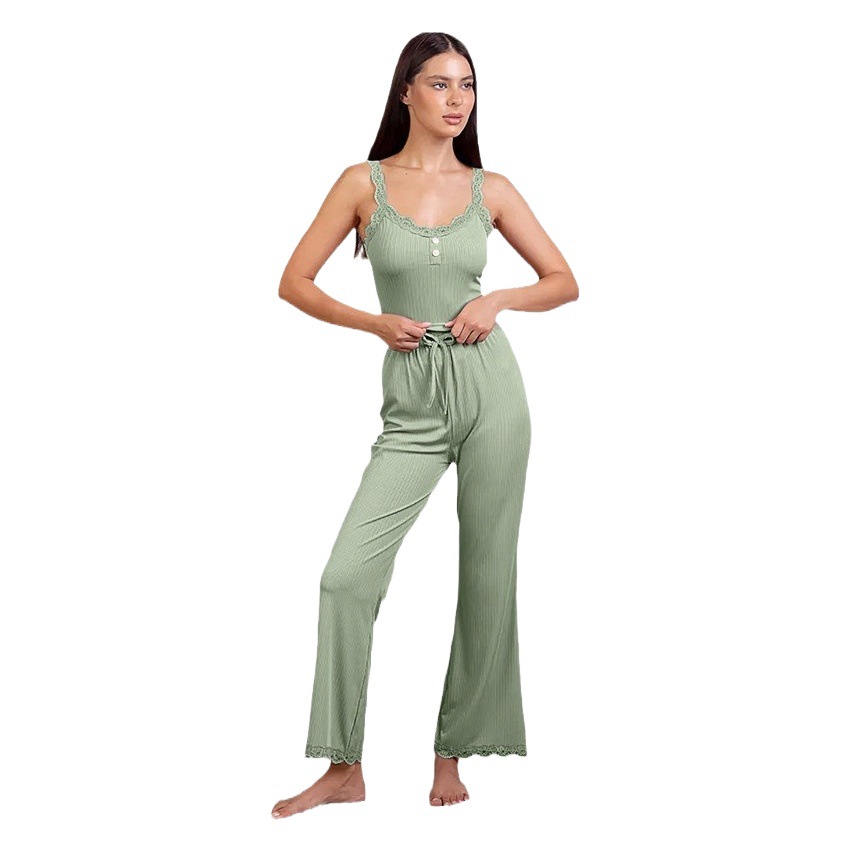 European and American Style Cross-Border Home Clothes Lace Suspender Trousers Suit Comfortable Elastic Home Casual Women's Pajamas Can Be Worn Outside