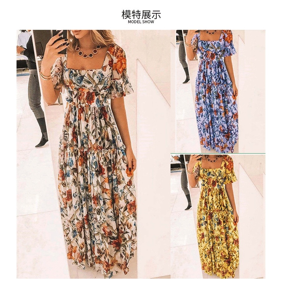 Women Summer Fashion Long Dress Fashion Flower Print Dress Summer