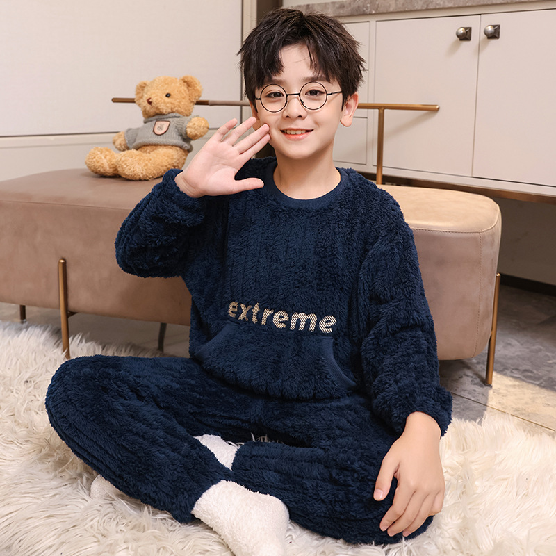 Autumn and Winter Warm Pajamas Flannel Boys' Long-sleeved Home Clothes fleece-lined Thickened suit Loose for Middle and Big Boys