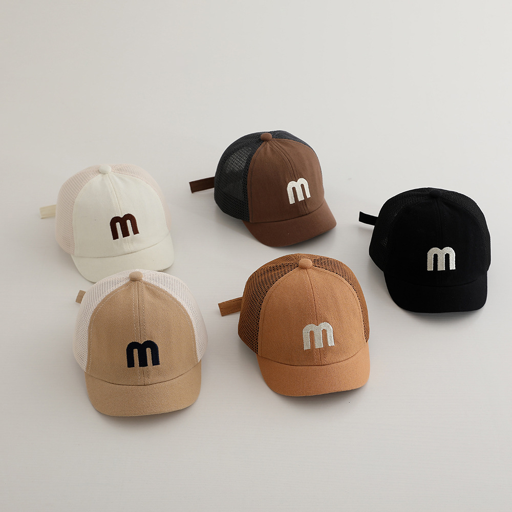 m letter embroidery fashion baby hat spring and summer thin duck tongue net cap breathable cute children shade net cap