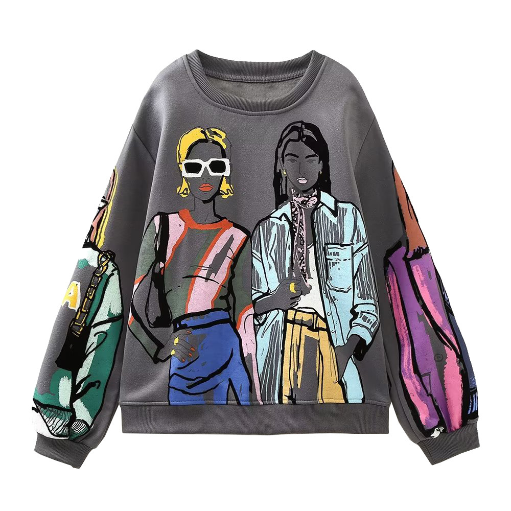Picture of 2023 Autumn and Winter Women's Warm Fleece-Lined Hoodless Round Neck Loose Printed Sweatshirt with 3D Printing