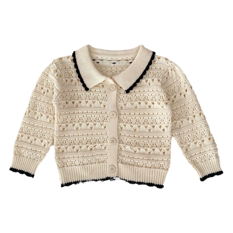 2025 Spring Girls' Stylish Long-Sleeve Cardigan Infant Little Chanel-Style Lapel Knitted Hollow Sweater Jacket