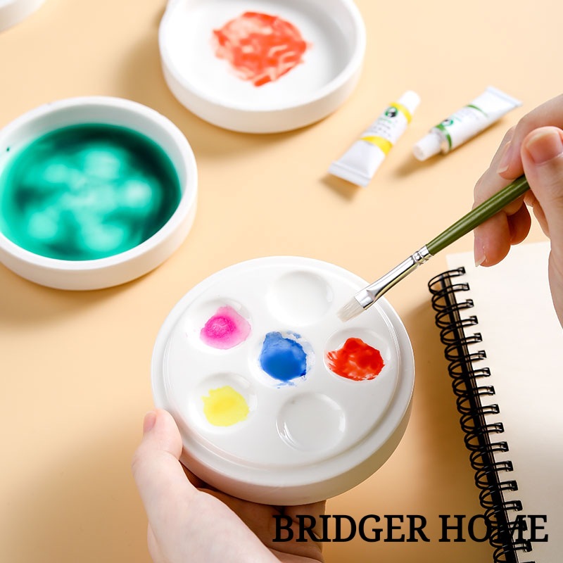 Multi-Purpose Ceramic Palette, Pen Washer, Multi-Compartment Double-Sided Mini Paint Dish Painting Set for Students and Beginners Watercolor Painting