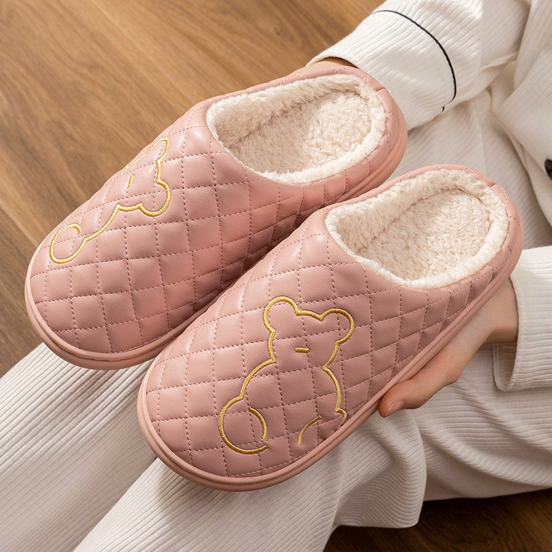 Lidani cotton slippers men's autumn and winter indoor home new household warm PU leather waterproof couple slippers women