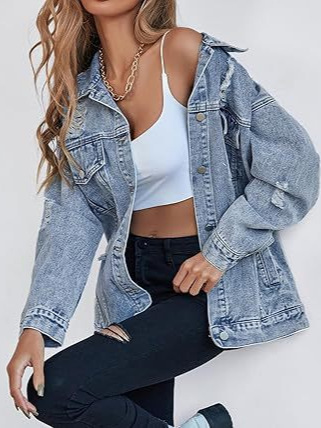 Picture of Cross-border Amazon TEMU Women's New Oversized Denim Jacket Boyfriend Ripped Dressed Denim Jacket Coat Women