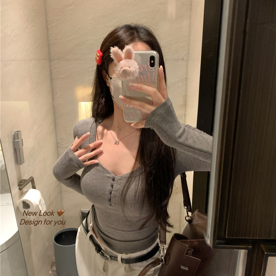 260g rayon pure desire pink long-sleeved T-shirt female autumn hot girl slim slimming bottoming shirt short top