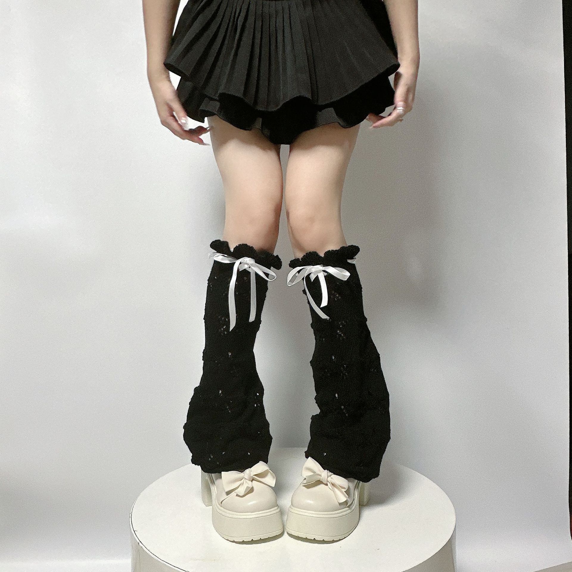 Y2K Subculture Leg Cover Summer Hollow Ribbon Bow Socks Cover Strap Strap Drawstring Bow Pile Socks Cover