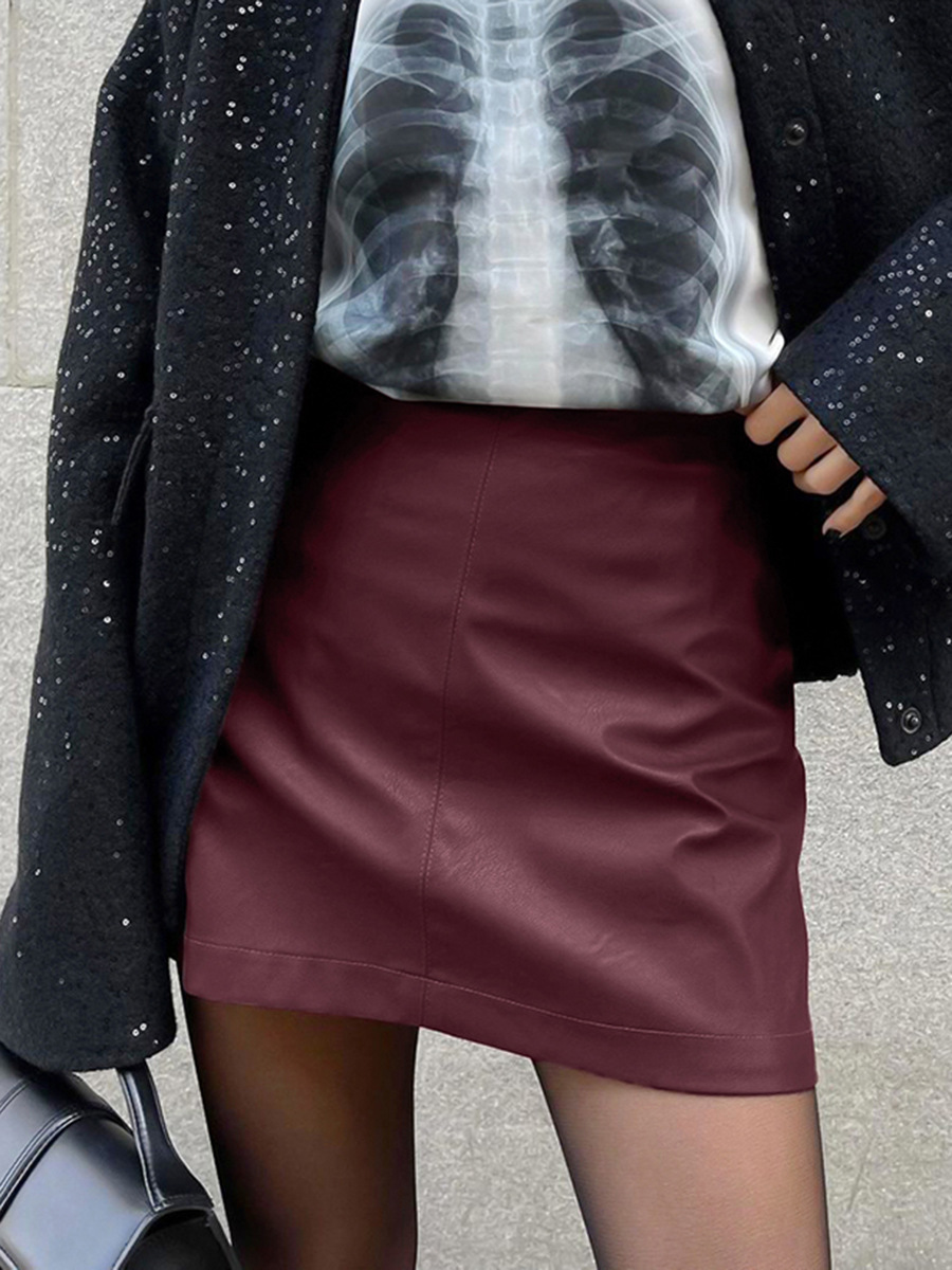 European and American Fashion Angora Red Pu Leather Skirt Women's Niche High-End Autumn and Winter A-Line Short Skirt Skirt Export Women's Clothing