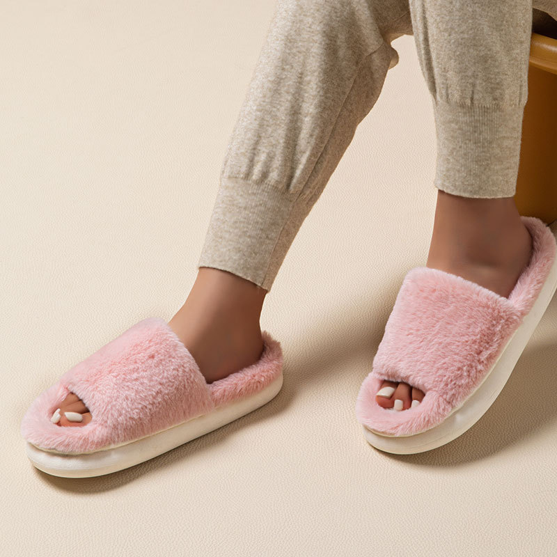 Cross-Border Thick-Soled Furry Slippers for Home Indoor Home Cotton Slippers Autumn and Winter Women's Plush Open Home Slippers