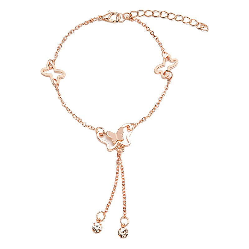 Korean style elegant hollow butterfly diamond-embedded girl tassel anklet female Net red Mori style TikTok rose gold anklet