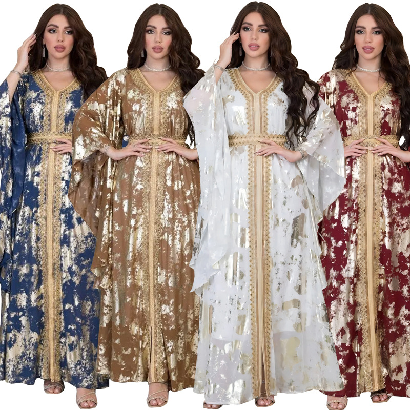 AB286 cross-border Middle East 2023 spring new Muslim chiffon bronzing robe with belt dress