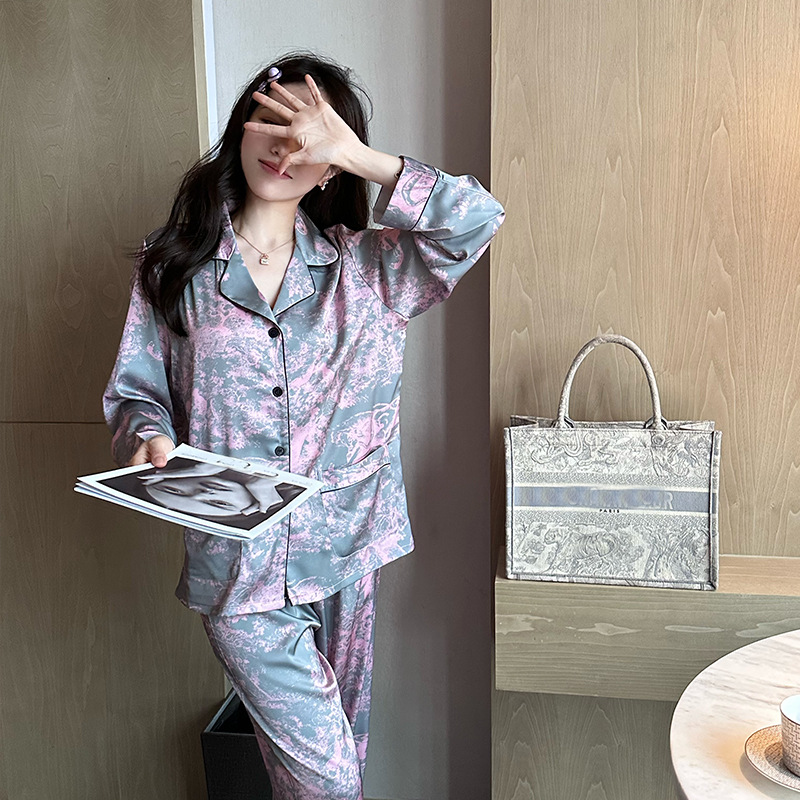 [Good Morning Morning] 2023 New Printed Ice Silk Pajamas Women's Suit Loose Thin High-end Home Clothes