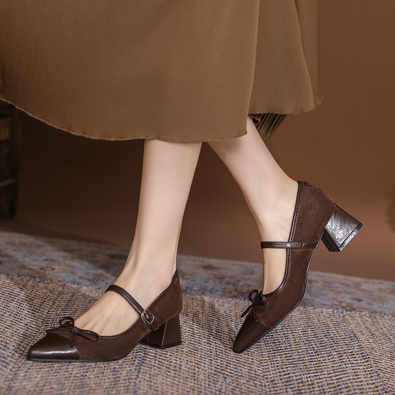 Pointed Mary Jane Shoes Women's Spring and Autumn New French Style Girl's Color Contrast Elegant Fashion Bow Thick Heel Shallow Mouth Single-layer Shoes