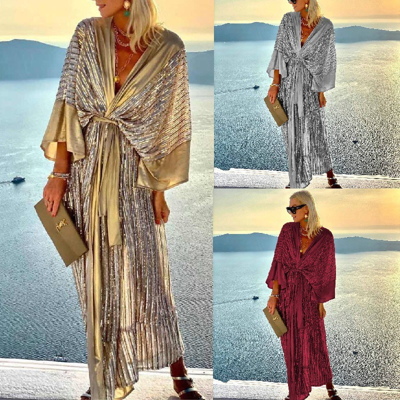 Picture of Wish Amazon AliExpress 2022 beads cardigan batwing sleeve party sequins dress tassel dress INS