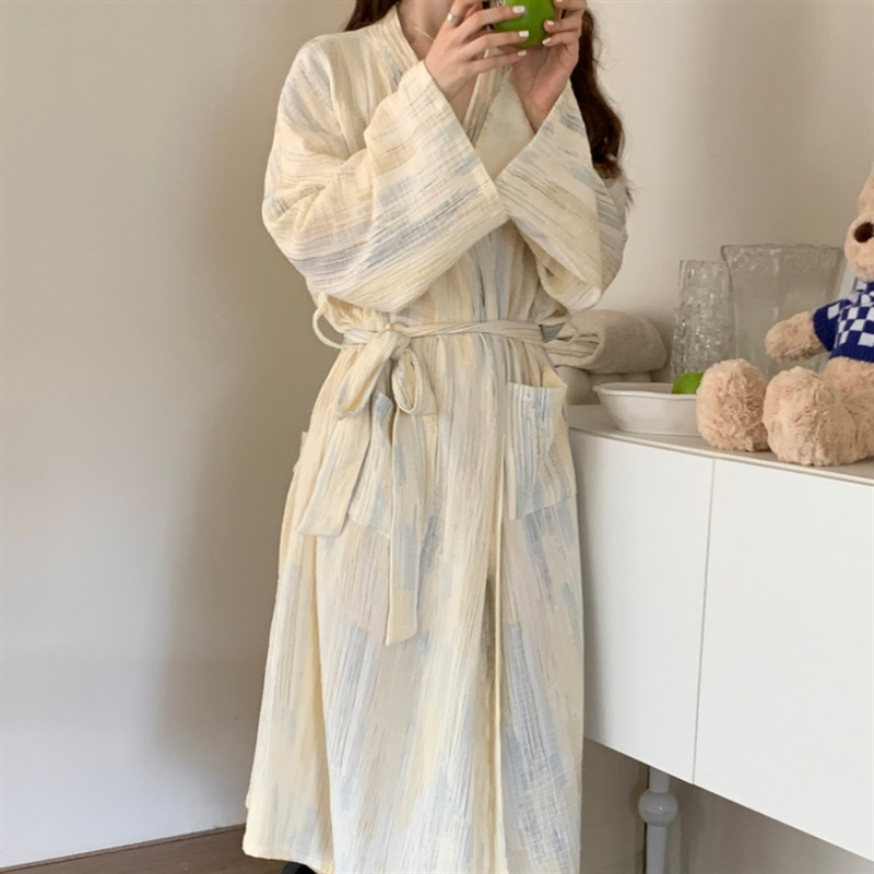 Picture of Korean Export Women's Ins Autum New Nightgown Elegant Home Wear Women's Breathable Loose Belt Long Bathrobe
