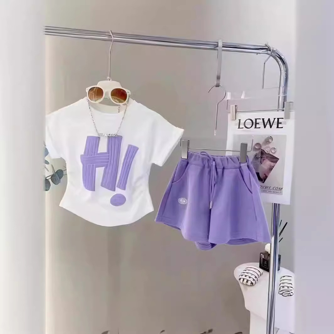 Girls' Summer Casual Suit 2024 Children's Western Style T-Shirt Shorts Two-piece New Sports Suit