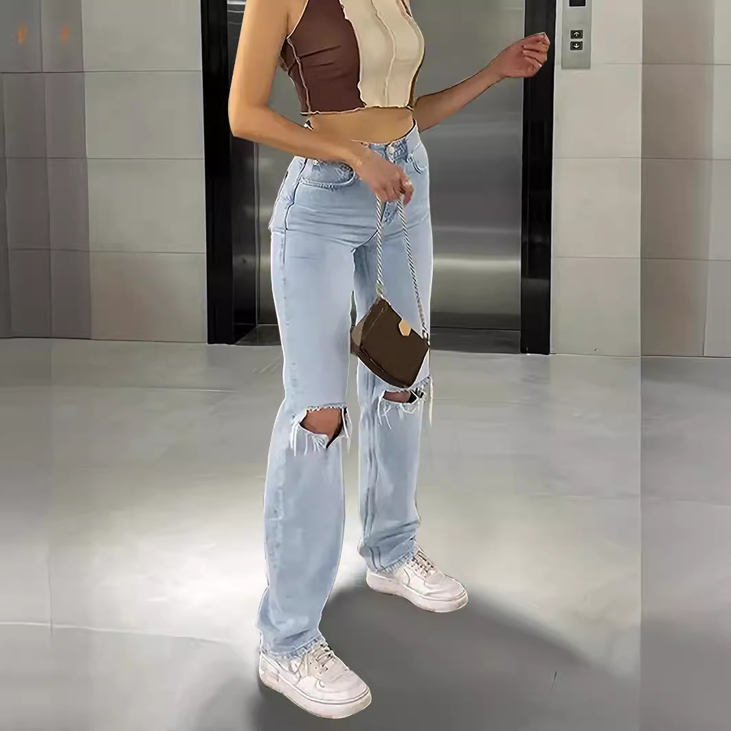 Picture of Amazon Summer New European and American Cross-Border E-Commerce Women's Ripped Jeans Women's High-Waisted Straight Casual Pants Light Blue