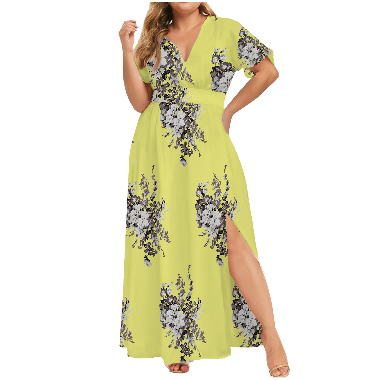 Picture of 2024 European and American Cross-Border Dress Summer New Plus Size Women's Printed Hem Slit Printed Short-Sleeved Dress