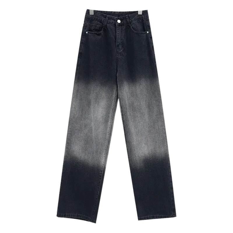 Black Gradient Straight-Leg Jeans Women's 2023 Summer High Waist Slim Design Wide Leg Pants Long Pants Trendy Distressed