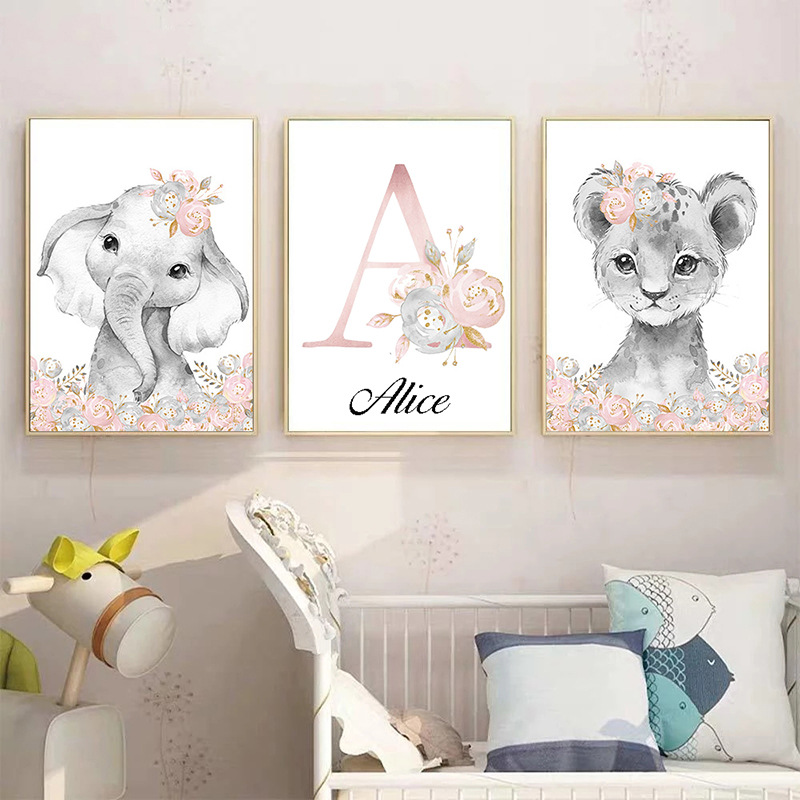 Picture of Cartoon animal Children Baby English letters Custom Baby Name bedroom canvas hanging painting decorative painting core