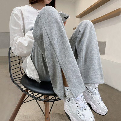 Cotton Side Slit Pants for All Seasons, Pure Color Tall and Slim Design, Straight-Leg Pants, Street Casual Wide-Leg Pants, Trendy