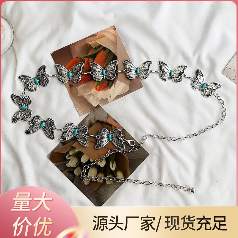 Turquoise Butterfly Waist Chain Metal Chain Belt Accessories Ethnic Style Jewelry Fashion All-match Waist Dress