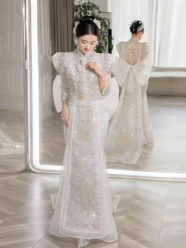 Picture of Regal Thousand Jin Fairy Diamond Beads Hand Embroidered 23 Years New Silver Xiuhe Suit Chinese Bride Toast to Marry High Grade