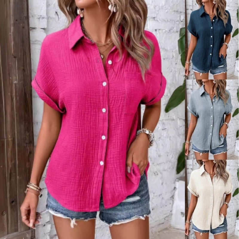 Cross-Border 2025 Amazon Summer New European and American Style Shirts Pure Color Casual Bat Sleeve Button-Down Shirts for Women