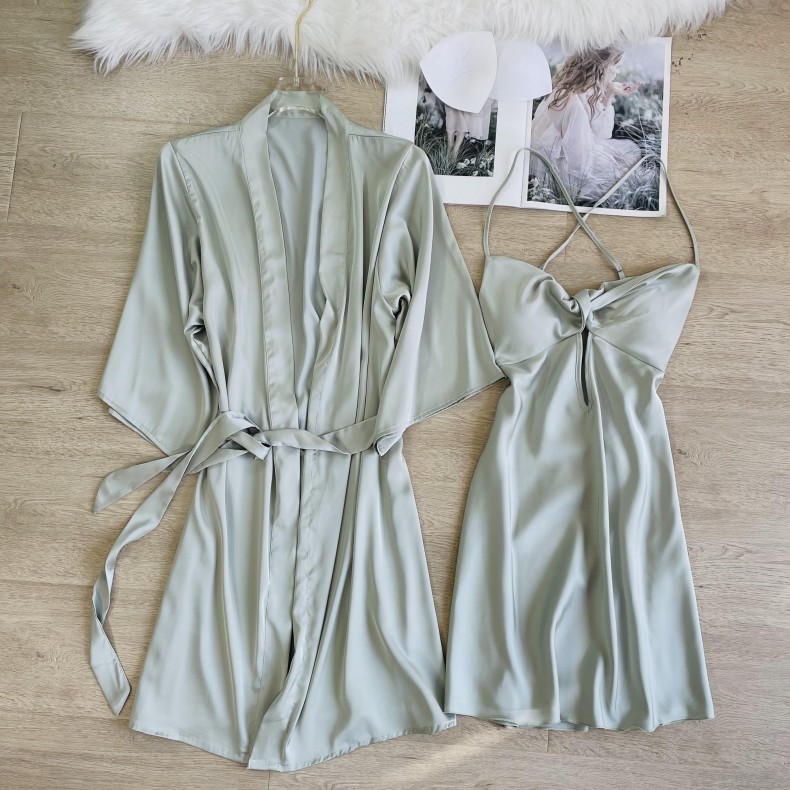 Sexy Pajamas Women's Spring and Autumn Ice Silk Thin Backless Sling Nightgown Nightgown Two-piece Set with Chest Pad Home Clothes