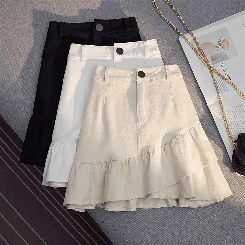 2024 Spring and Summer New Skirt White Denim Irregular Ruffled A- Line Skirt High Waist Short Skirt Women's Anti-Light