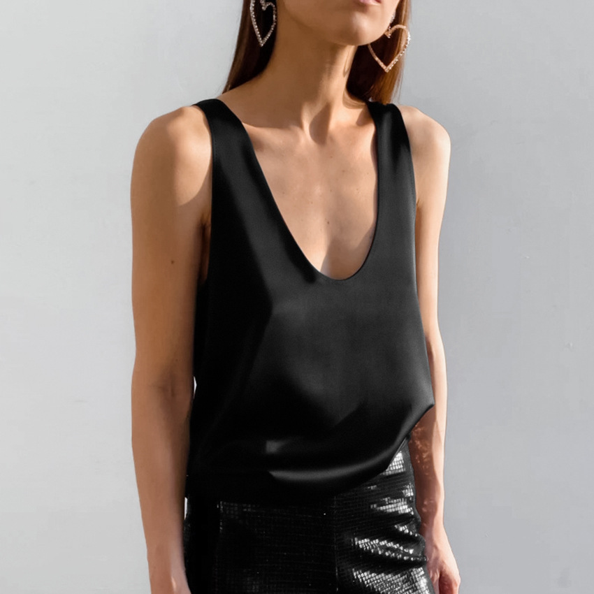 Picture of 2025 Summer New Pure Color Satin U-Neck Sleeveless T-Shirt European and American Versatile Street Style Vest Wholesale for Women