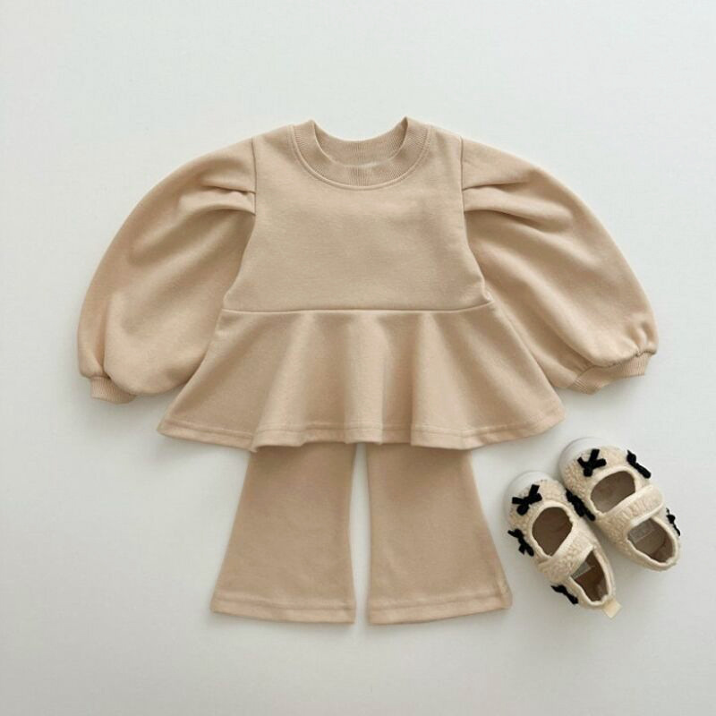 Korean Girls Ins Spring and Autumn suit Baby Girl's Western Style Bubble Sleeve Flared Pants Sweatshirt Two-Piece 2025 Children's Clothing